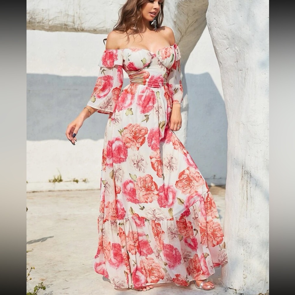 🔥FINAL SALE🔥 Off The Shoulder Floral Print Cut Out Maxi Dress - Picture 5 of 9
